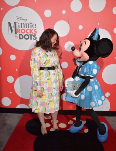 WEST HOLLYWOOD, CA - JANUARY 17: Global style icon Minnie Mouse poses with designer of her new dress, Olympia Le-Tan at the Andaz Hotel in West Hollywood. The dress was inspired by an upcoming collaboration with UNIQLO that will launch in Spring ?17. (Photo by Lester Cohen/Getty Images for Disney Consumer Products and Interactive Media)